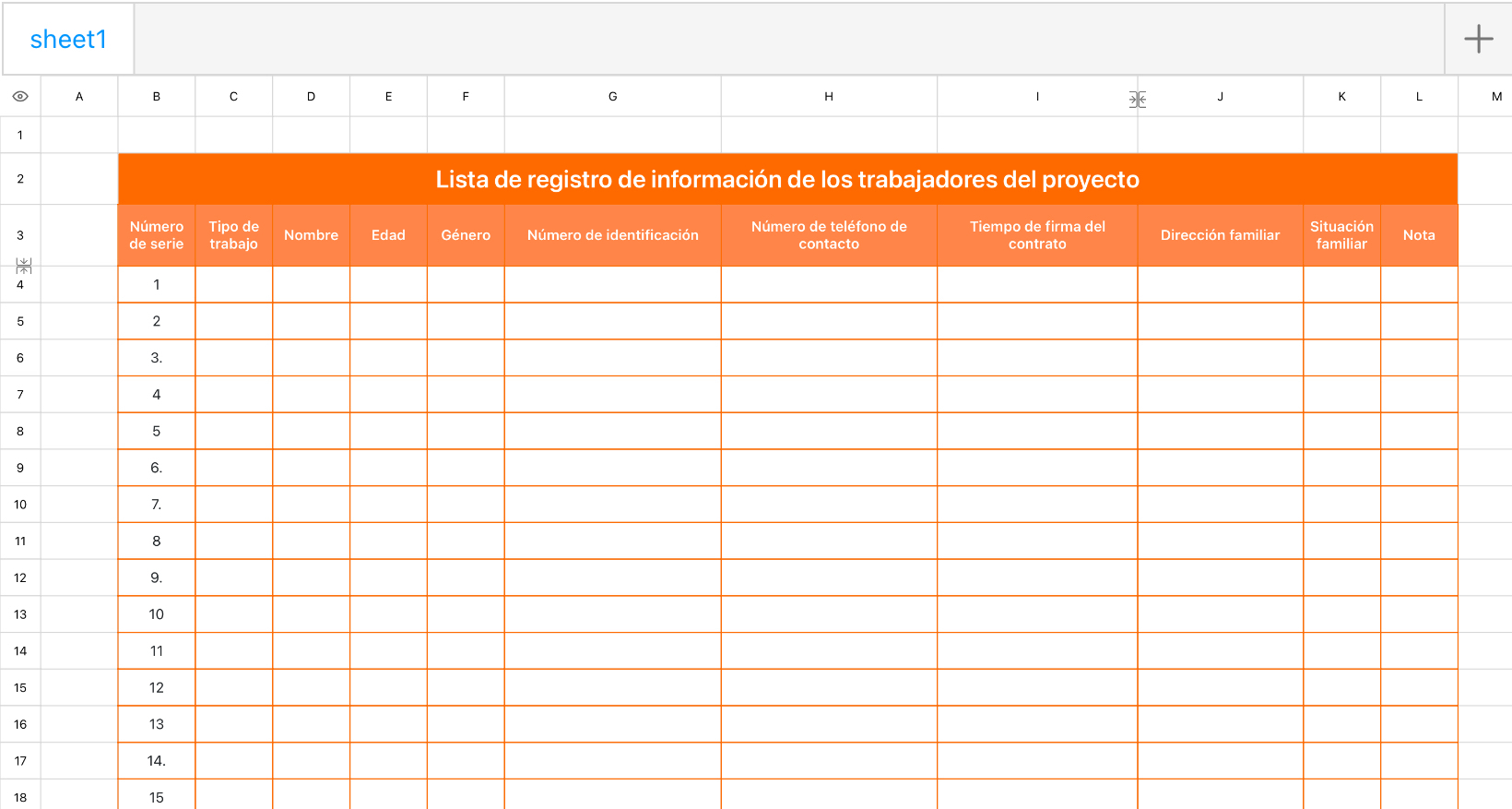 Lista de registro de información de los trabajadores del proyecto
